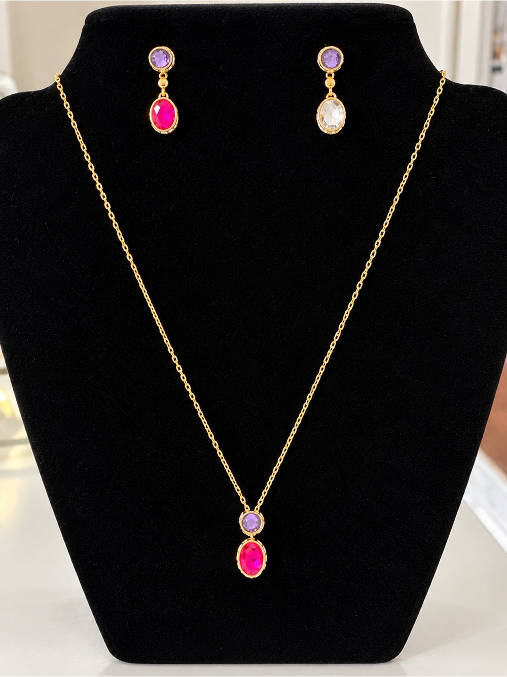 Swarovski Gold Tone Necklace with Pink and Purple Crystal Drops